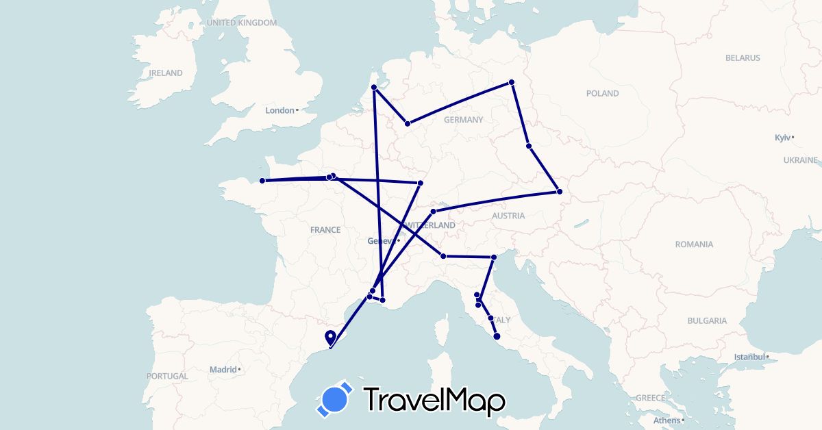 TravelMap itinerary: driving in Austria, Switzerland, Czech Republic, Germany, Spain, France, Italy, Netherlands (Europe)